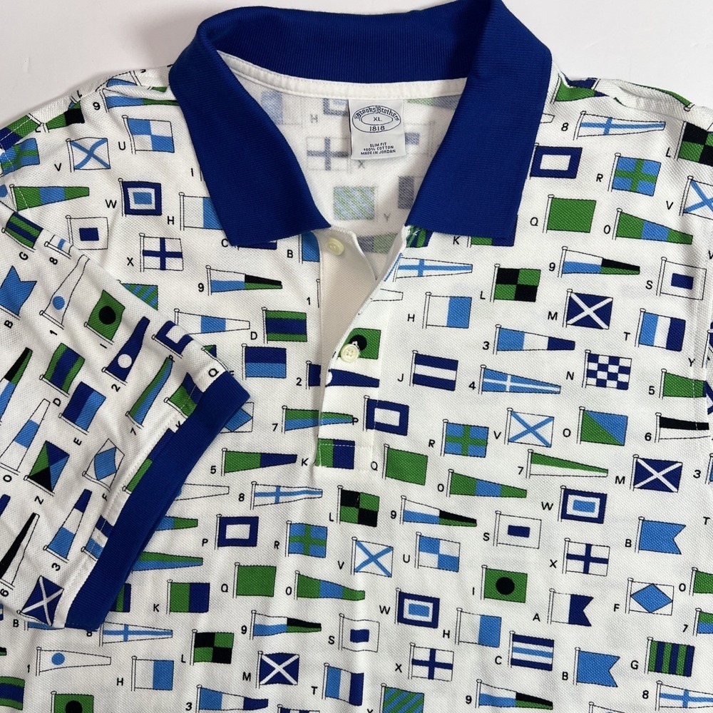 Brooks Brothers 1818 Men's XL Slim Nautical White Green Blue‎ Nautical Flag Polo